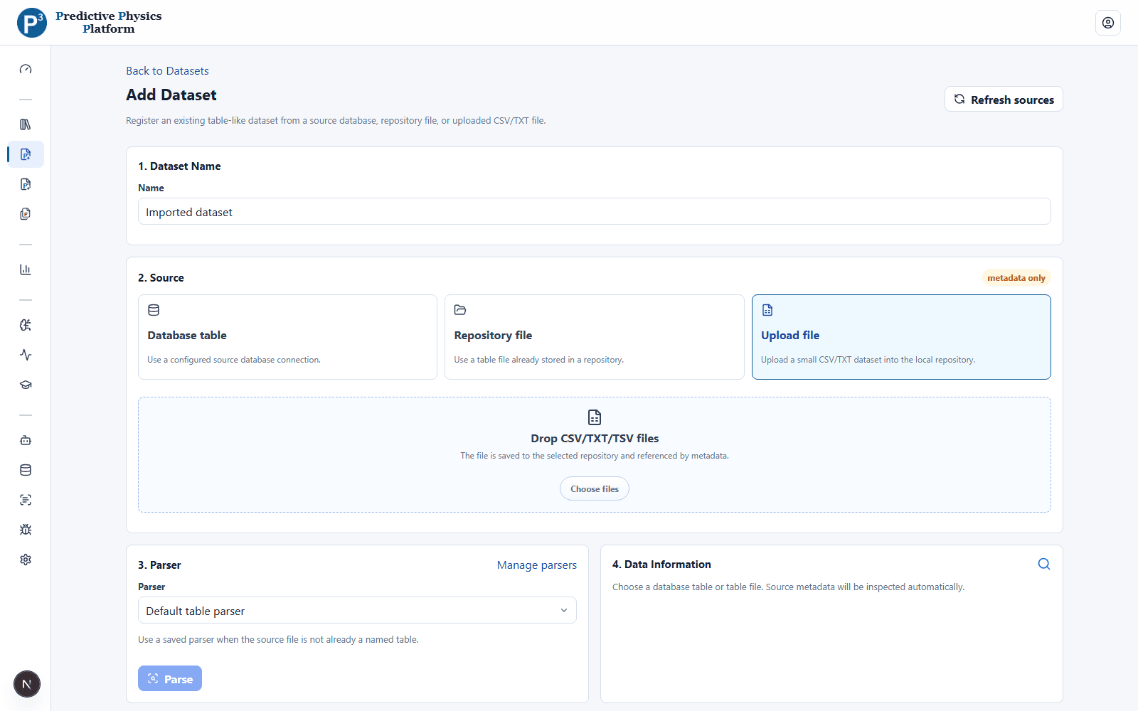 P³ dataset import showing source files, selected variables, and a tabular preview