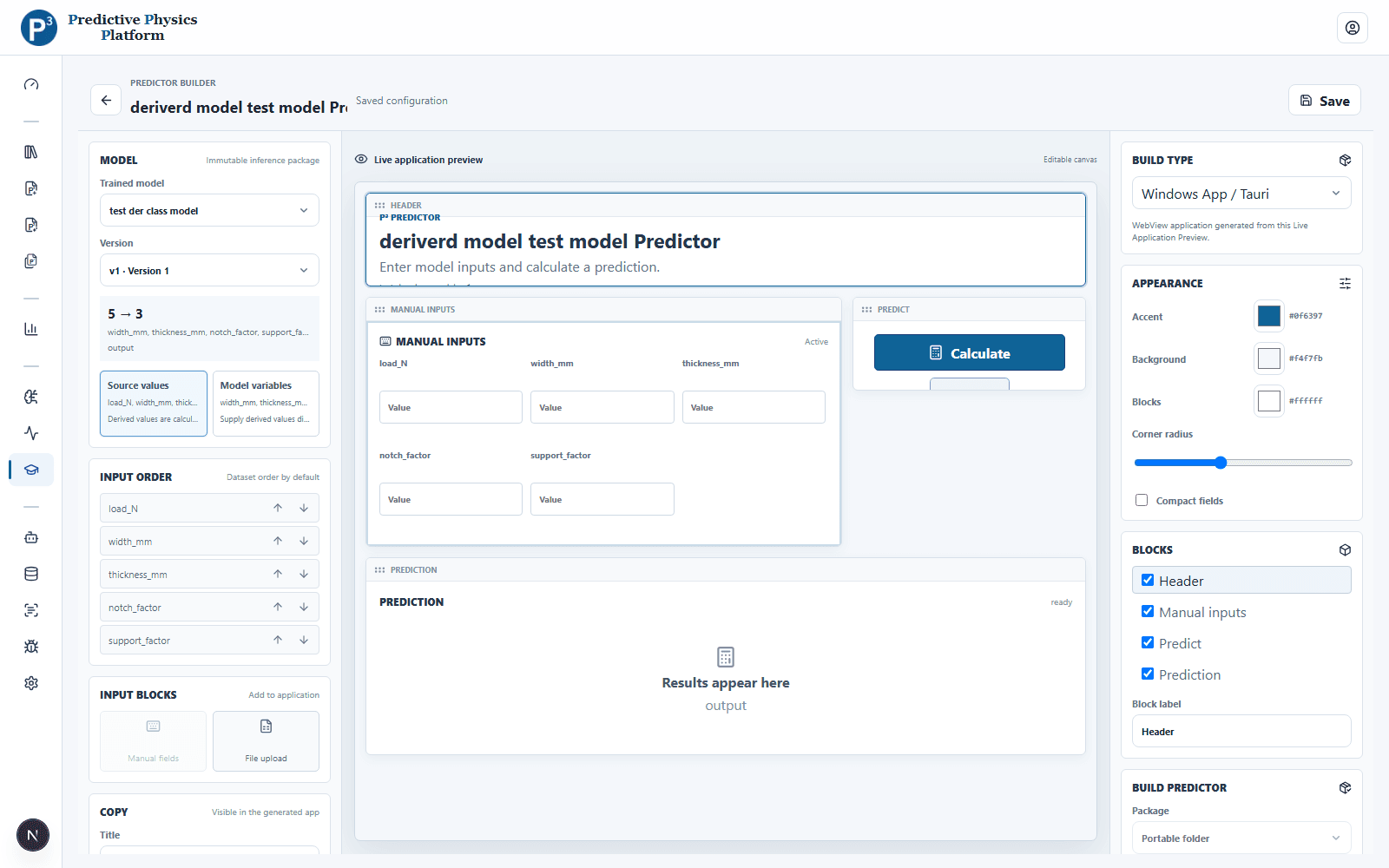 P³ Predictor builder showing configurable inputs, outputs, application preview, and Windows build targets
